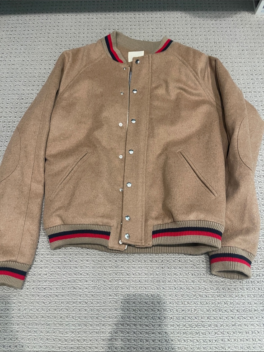 Band Of Outsiders Camel Wool Bomber with Red & Navy Trim